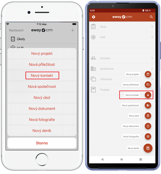 Nový kontakt v eWay-CRM Mobile