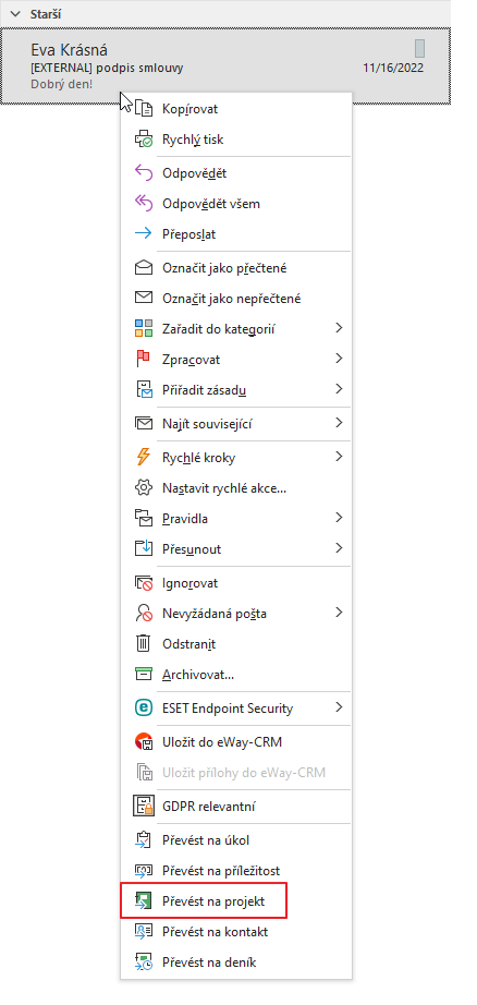 Převést e-mail na projekt