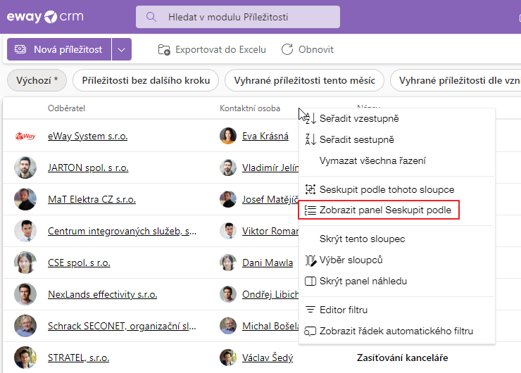 Zobrazit panel seskupení