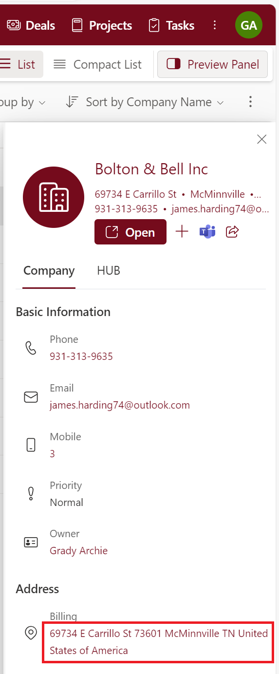 Address in te preview