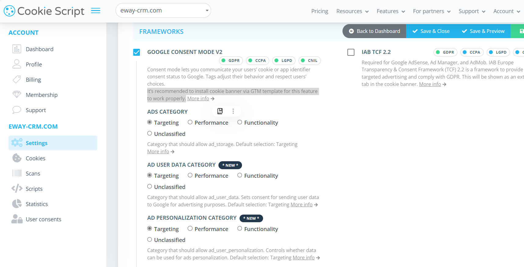 consent mode v2 cookie script interface