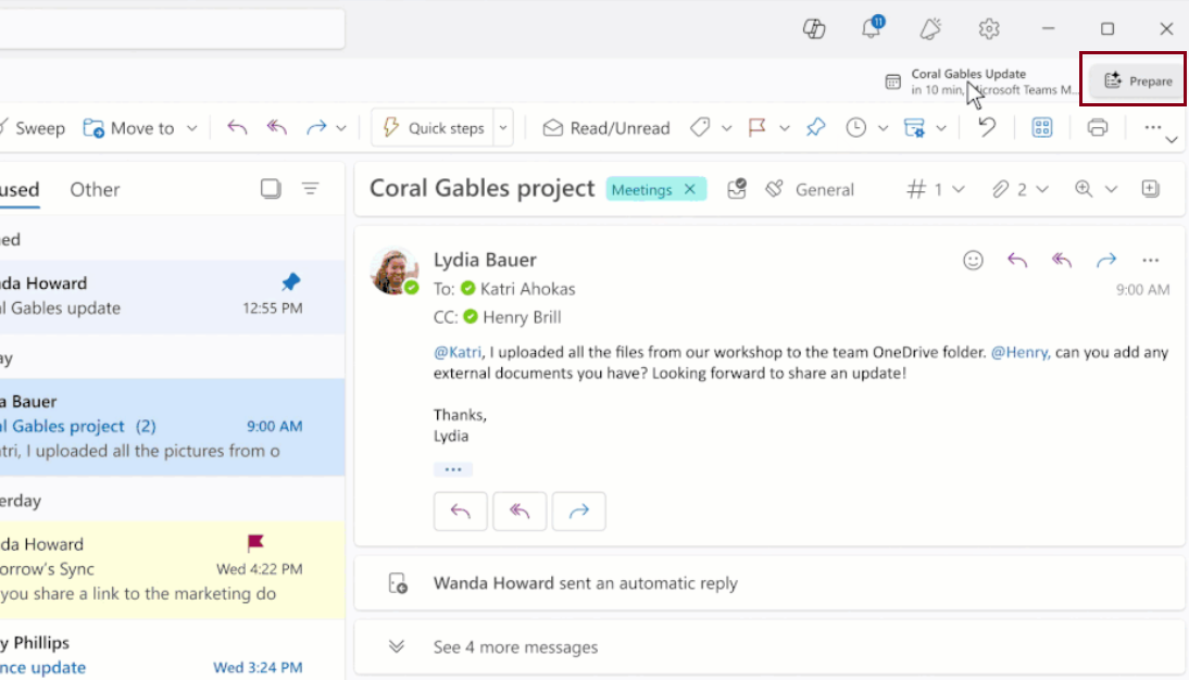 Copilot in outlook prepare button