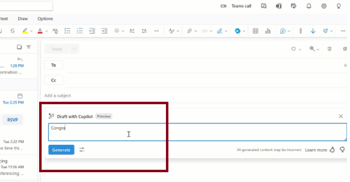copilot in outlook draft message