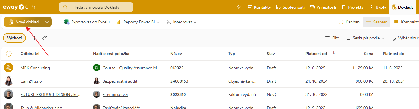 Vytvořit nový doklad