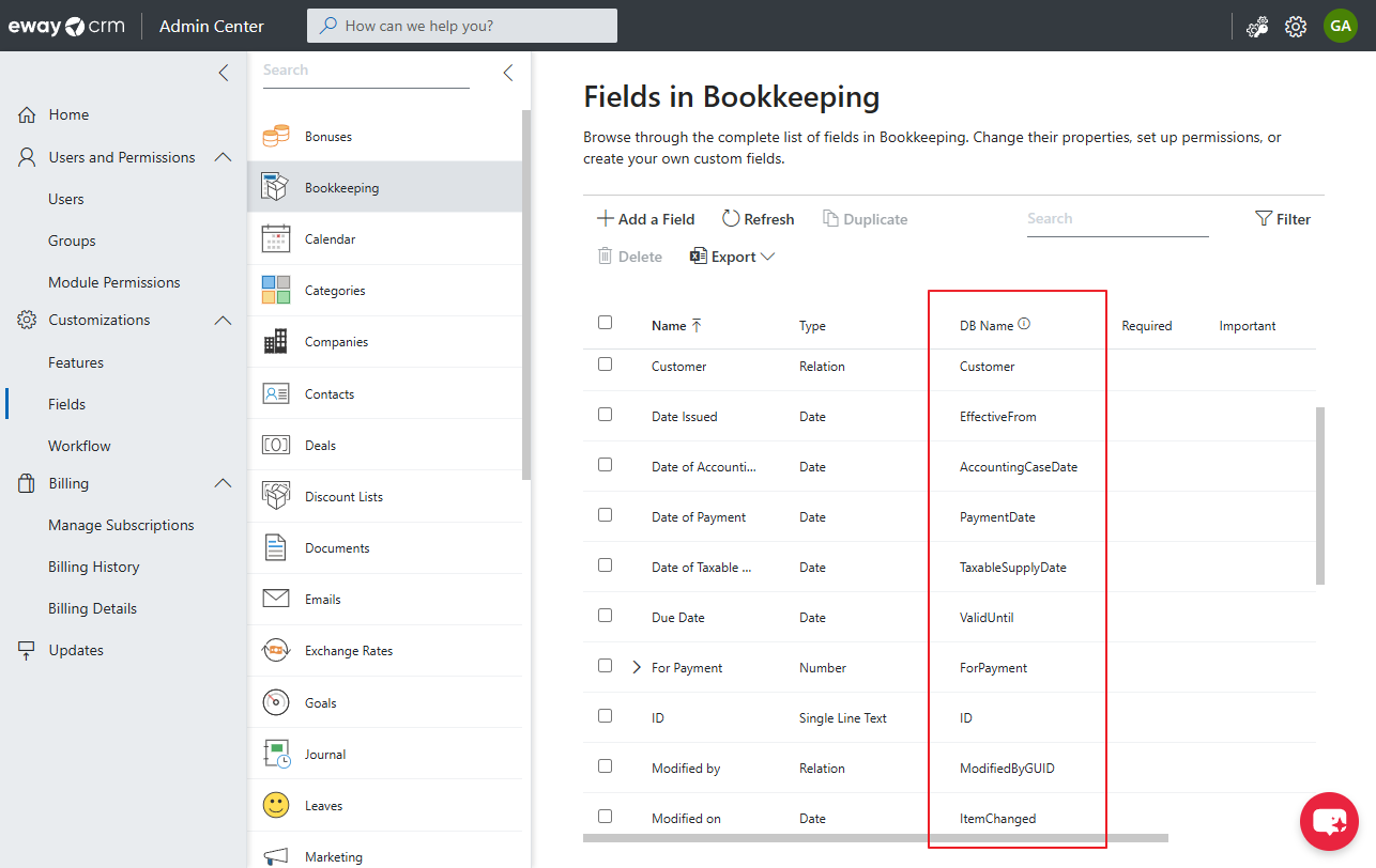 Database name in Admin Center