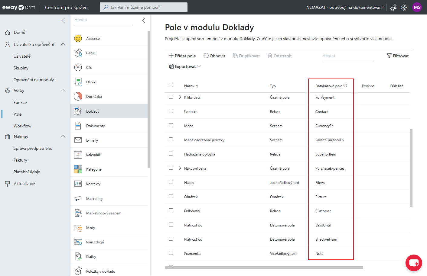 Databázový název v Centru pro správu