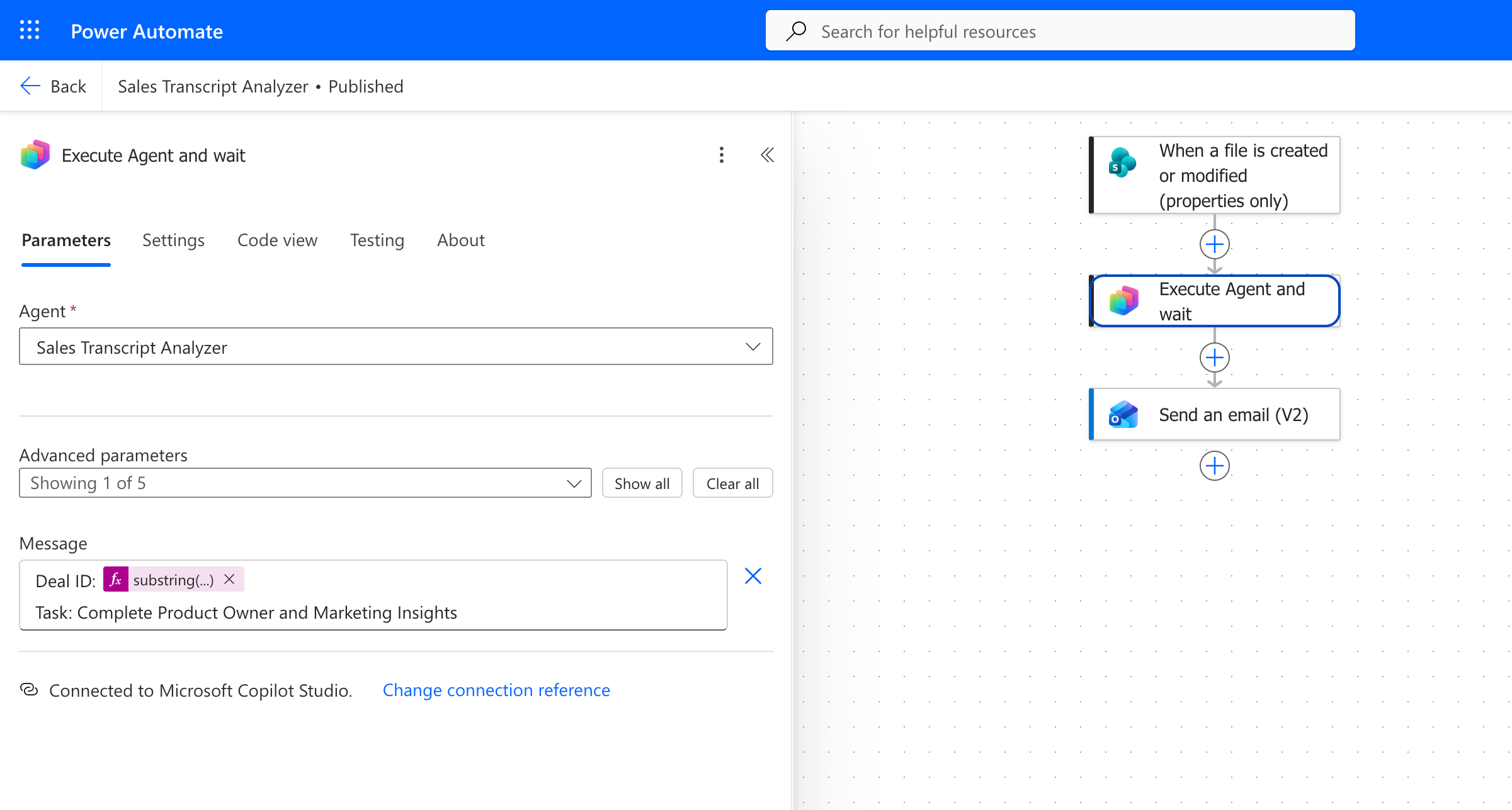 Power Automate passes the file name and Deal ID to the Copilot Agent.